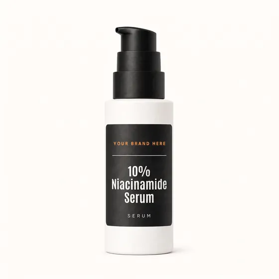 Blank-label mockup of 10% Niacinamide Serum on a pump bottle, with the brand name left blank for yours