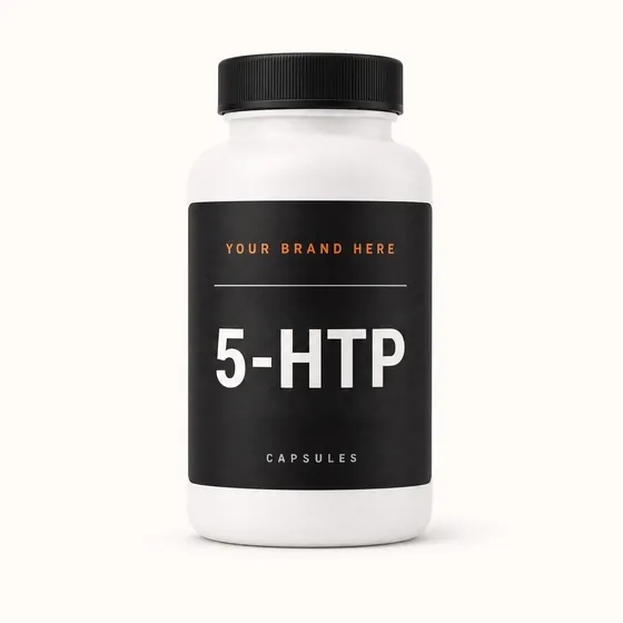 Blank-label mockup of 5-HTP on a screw-top bottle, with the brand name left blank for yours