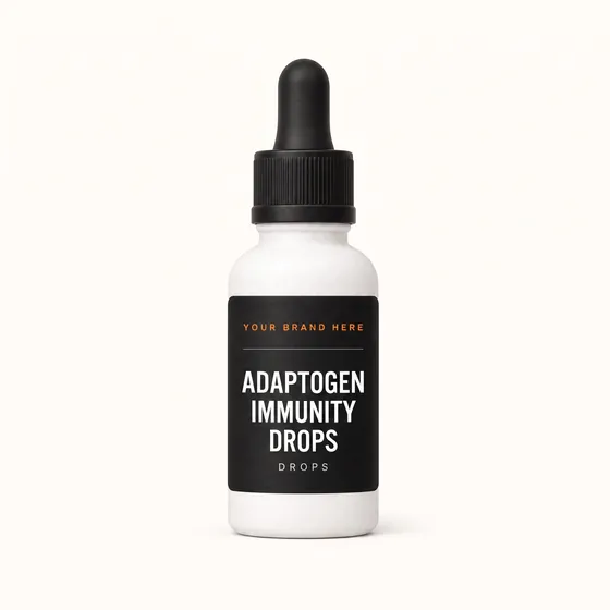 Blank-label mockup of Adaptogen Immunity Drops on a dropper bottle, with the brand name left blank for yours