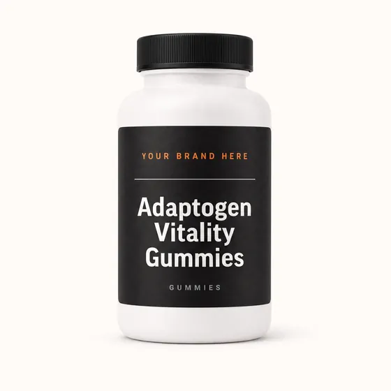Blank-label mockup of Adaptogen Vitality Gummies on a screw-top bottle, with the brand name left blank for yours
