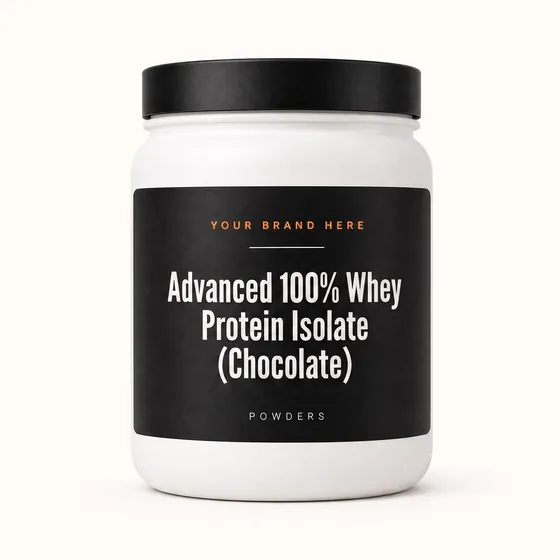 Blank-label mockup of Advanced 100% Whey Protein Isolate (Chocolate) on a wide-mouth jar, with the brand name left blank for yours