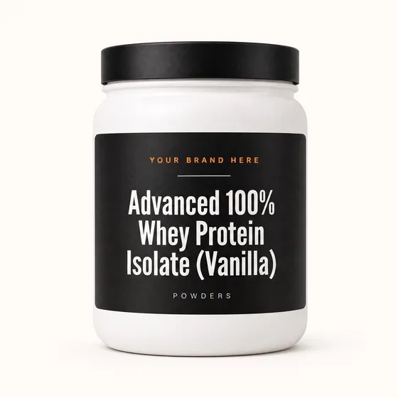 Blank-label mockup of Advanced 100% Whey Protein Isolate (Vanilla) on a wide-mouth jar, with the brand name left blank for yours
