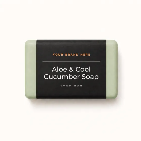 Blank-label mockup of Aloe & Cool Cucumber Soap on a wrapped soap bar, with the brand name left blank for yours