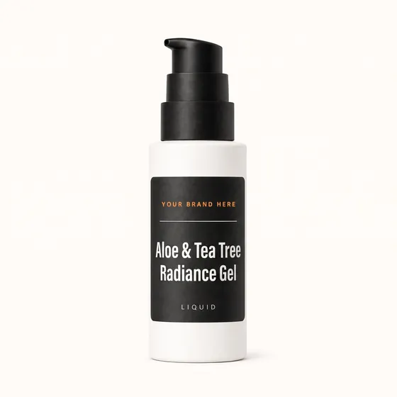 Blank-label mockup of Aloe & Tea Tree Radiance Gel on a pump bottle, with the brand name left blank for yours