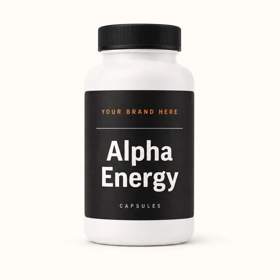 Blank-label mockup of Alpha Energy on a screw-top bottle, with the brand name left blank for yours