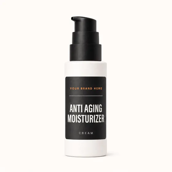 Blank-label mockup of Anti Aging Moisturizer on a pump bottle, with the brand name left blank for yours