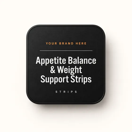 Blank-label mockup of Appetite Balance & Weight Support Strips on a flat metal tin, with the brand name left blank for yours