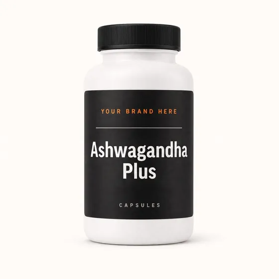 Blank-label mockup of Ashwagandha Plus on a screw-top bottle, with the brand name left blank for yours