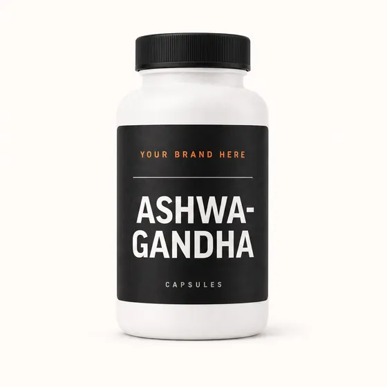 Blank-label mockup of Ashwagandha on a screw-top bottle, with the brand name left blank for yours
