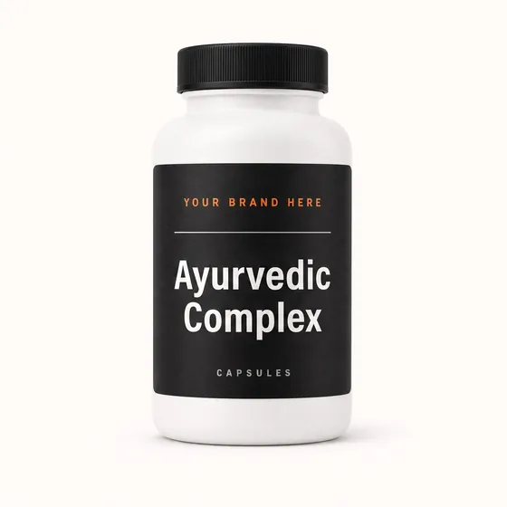 Blank-label mockup of Ayurvedic Complex on a screw-top bottle, with the brand name left blank for yours