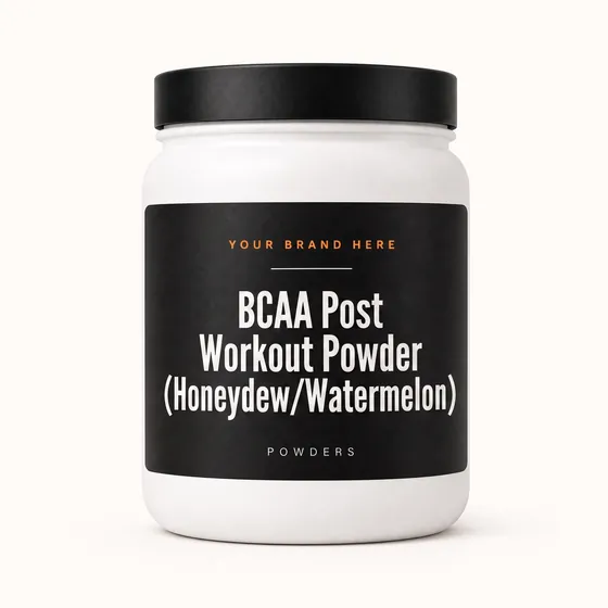 Blank-label mockup of BCAA Post Workout Powder (Honeydew/Watermelon) on a wide-mouth jar, with the brand name left blank for yours