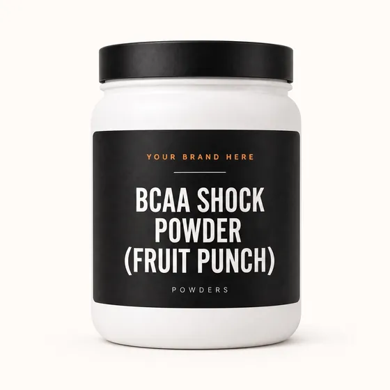 Blank-label mockup of BCAA Shock Powder (Fruit Punch) on a wide-mouth jar, with the brand name left blank for yours