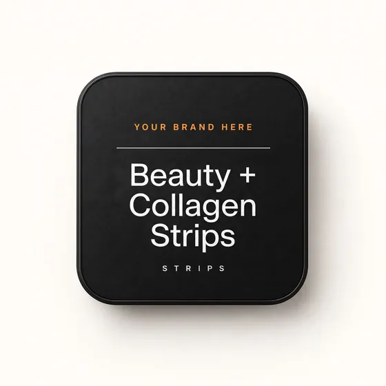 Blank-label mockup of Beauty + Collagen Strips on a flat metal tin, with the brand name left blank for yours