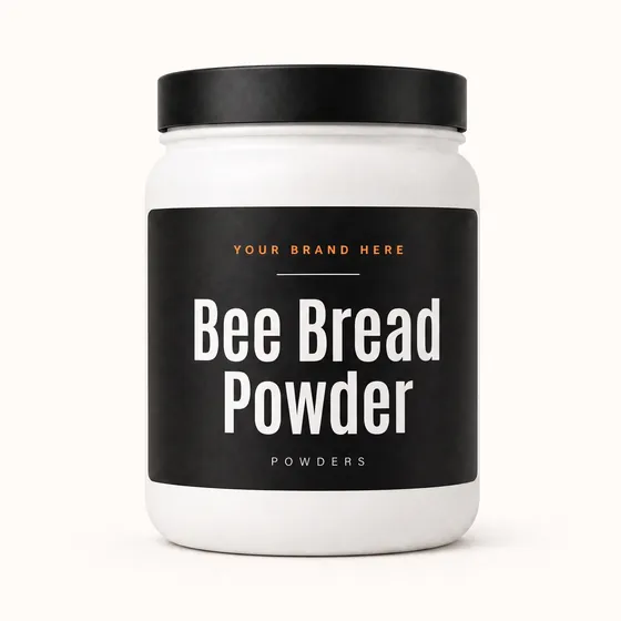 Blank-label mockup of Bee Bread Powder on a wide-mouth jar, with the brand name left blank for yours