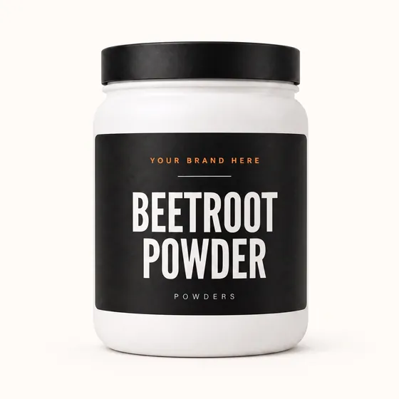 Blank-label mockup of Beetroot Powder on a wide-mouth jar, with the brand name left blank for yours