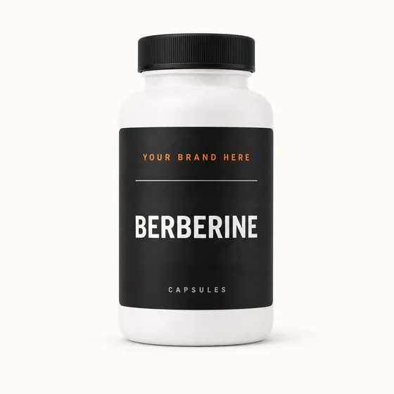 Blank-label mockup of Berberine on a screw-top bottle, with the brand name left blank for yours