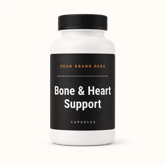 Blank-label mockup of Bone & Heart Support on a screw-top bottle, with the brand name left blank for yours