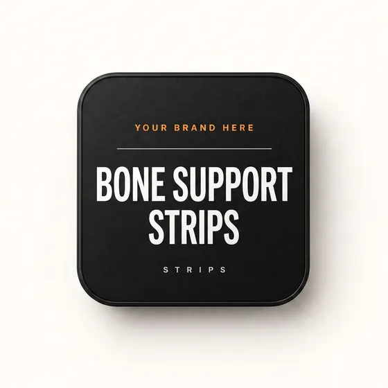 Blank-label mockup of Bone Support Strips on a flat metal tin, with the brand name left blank for yours
