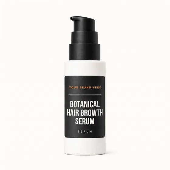Blank-label mockup of Botanical Hair Growth Serum on a pump bottle, with the brand name left blank for yours