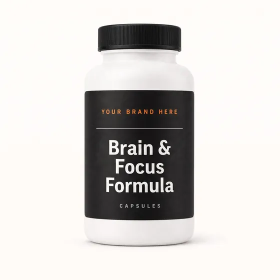Blank-label mockup of Brain & Focus Formula on a screw-top bottle, with the brand name left blank for yours