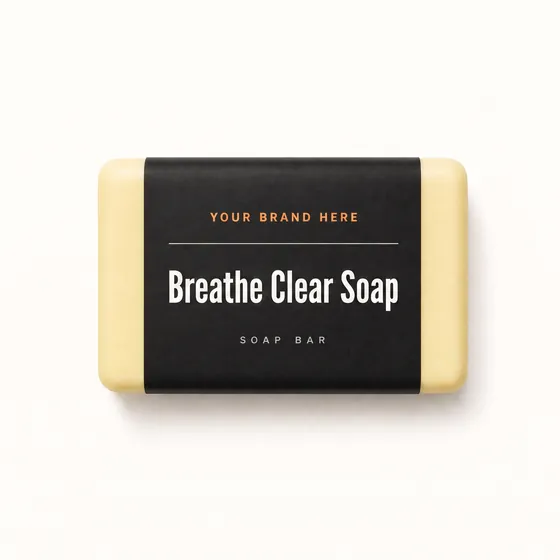 Blank-label mockup of Breathe Clear Soap on a wrapped soap bar, with the brand name left blank for yours