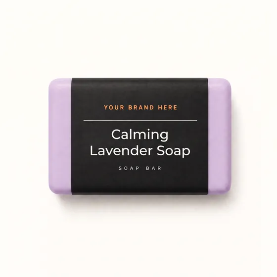 Blank-label mockup of Calming Lavender Soap on a wrapped soap bar, with the brand name left blank for yours