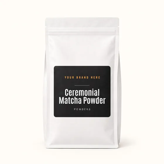 Blank-label mockup of Ceremonial Matcha Powder on a resealable bag, with the brand name left blank for yours
