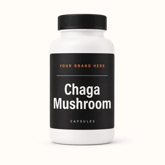 Blank-label mockup of Chaga Mushroom on a screw-top bottle, with the brand name left blank for yours