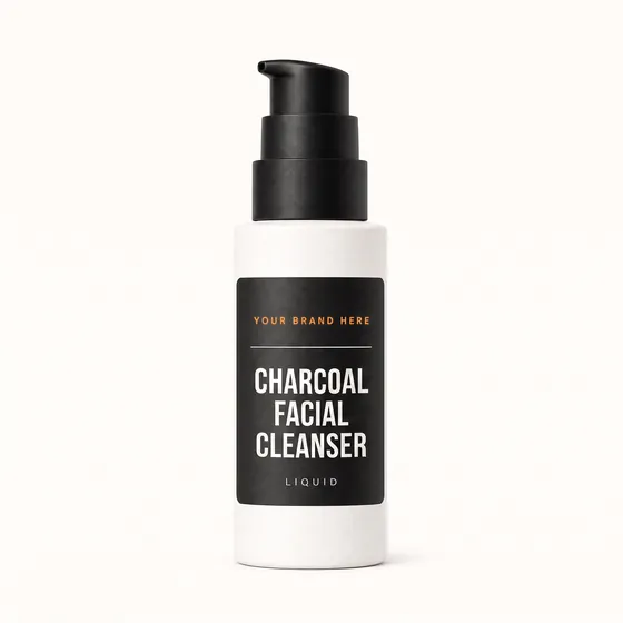 Blank-label mockup of Charcoal Facial Cleanser on a pump bottle, with the brand name left blank for yours