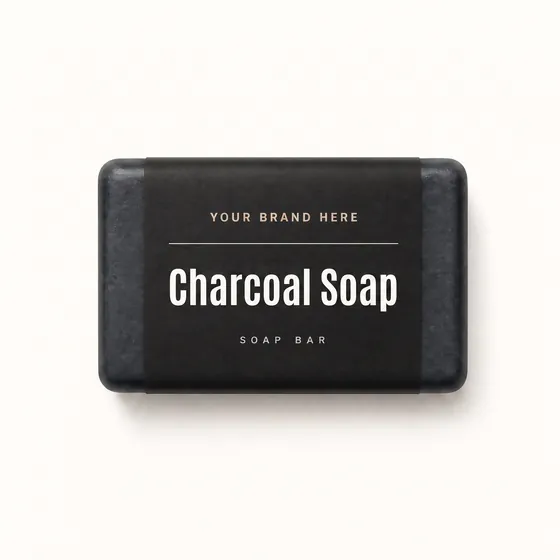 Blank-label mockup of Charcoal Soap on a wrapped soap bar, with the brand name left blank for yours