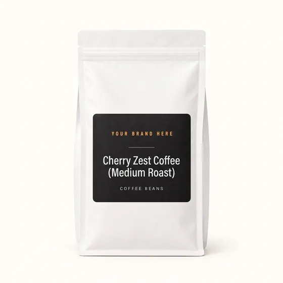 Blank-label mockup of Cherry Zest Coffee (Medium Roast) on a resealable bag, with the brand name left blank for yours