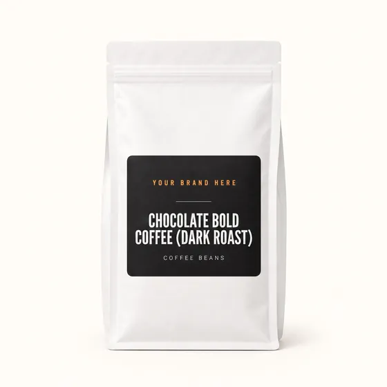 Blank-label mockup of Chocolate Bold Coffee (Dark Roast) on a resealable bag, with the brand name left blank for yours