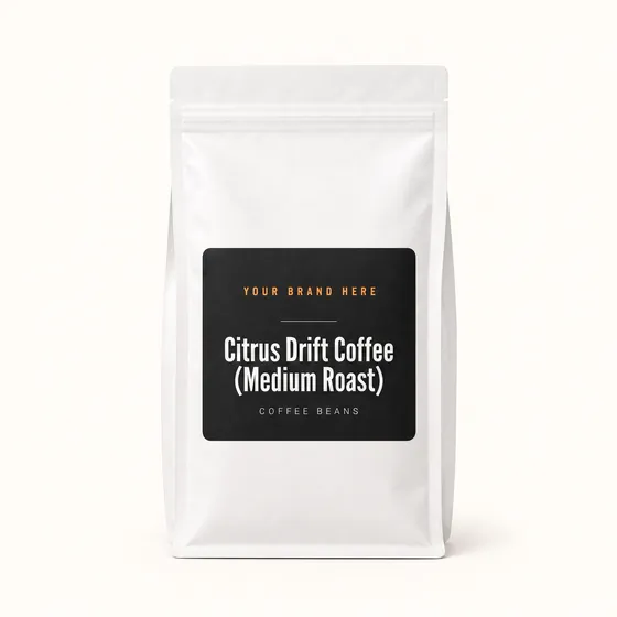 Blank-label mockup of Citrus Drift Coffee (Medium Roast) on a resealable bag, with the brand name left blank for yours