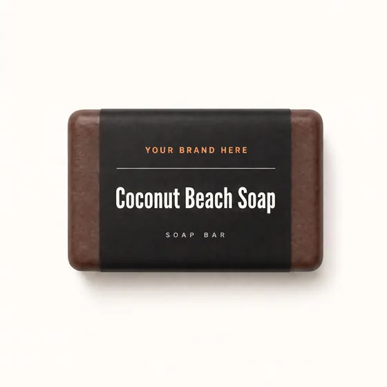 Blank-label mockup of Coconut Beach Soap on a wrapped soap bar, with the brand name left blank for yours