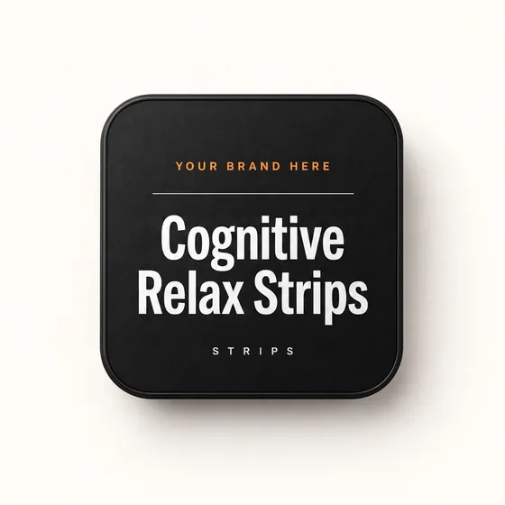Blank-label mockup of Cognitive Relax Strips on a flat metal tin, with the brand name left blank for yours