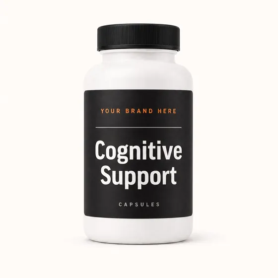 Blank-label mockup of Cognitive Support on a screw-top bottle, with the brand name left blank for yours