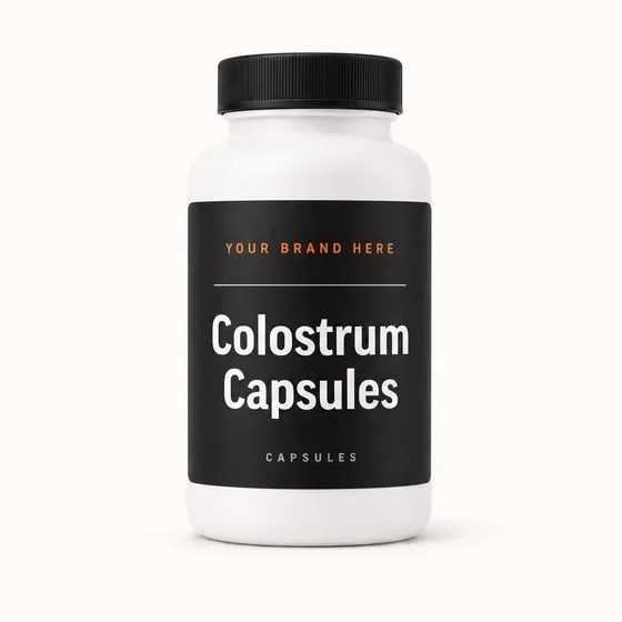 Blank-label mockup of Colostrum Capsules on a screw-top bottle, with the brand name left blank for yours