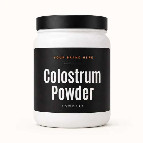 Blank-label mockup of Colostrum Powder on a wide-mouth jar, with the brand name left blank for yours
