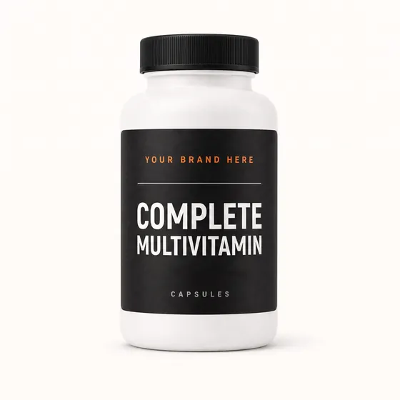 Blank-label mockup of Complete Multivitamin on a screw-top bottle, with the brand name left blank for yours