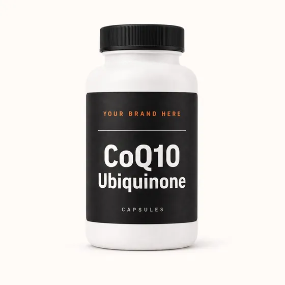 Blank-label mockup of CoQ10 Ubiquinone on a screw-top bottle, with the brand name left blank for yours