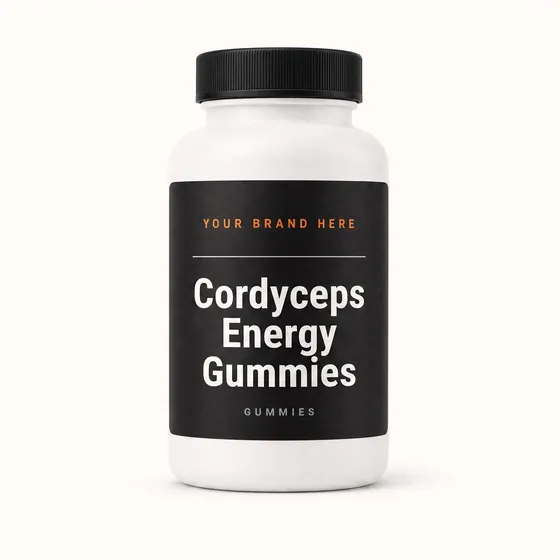 Blank-label mockup of Cordyceps Energy Gummies on a screw-top bottle, with the brand name left blank for yours
