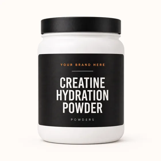 Blank-label mockup of Creatine Hydration Powder on a wide-mouth jar, with the brand name left blank for yours