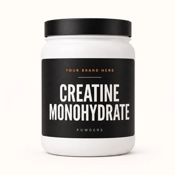 Blank-label mockup of Creatine Monohydrate on a wide-mouth jar, with the brand name left blank for yours