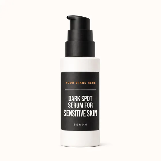 Blank-label mockup of Dark Spot Serum for Sensitive Skin on a pump bottle, with the brand name left blank for yours
