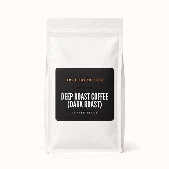 Blank-label mockup of Deep Roast Coffee (Dark Roast) on a resealable bag, with the brand name left blank for yours