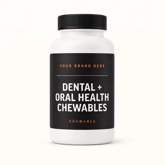 Blank-label mockup of Dental + Oral Health Chewables on a screw-top bottle, with the brand name left blank for yours