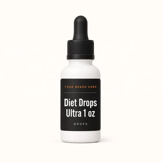 Blank-label mockup of Diet Drops Ultra 1 oz on a dropper bottle, with the brand name left blank for yours