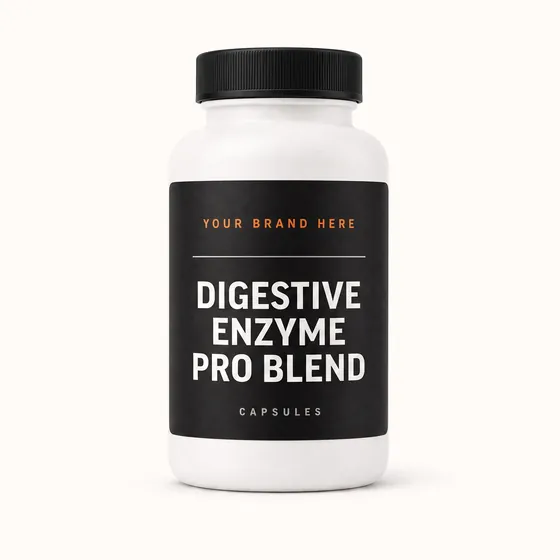 Blank-label mockup of Digestive Enzyme Pro Blend on a screw-top bottle, with the brand name left blank for yours