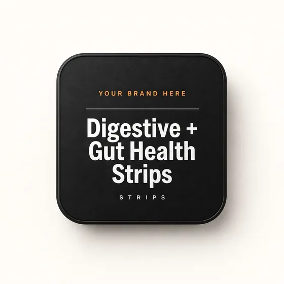 Blank-label mockup of Digestive + Gut Health Strips on a flat metal tin, with the brand name left blank for yours