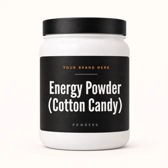 Blank-label mockup of Energy Powder (Cotton Candy) on a wide-mouth jar, with the brand name left blank for yours